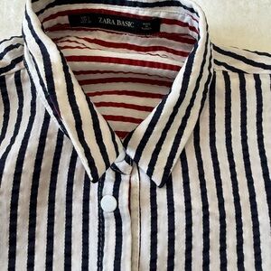Zara Striped Button-Down Shirt in Navy, White & Red Trim